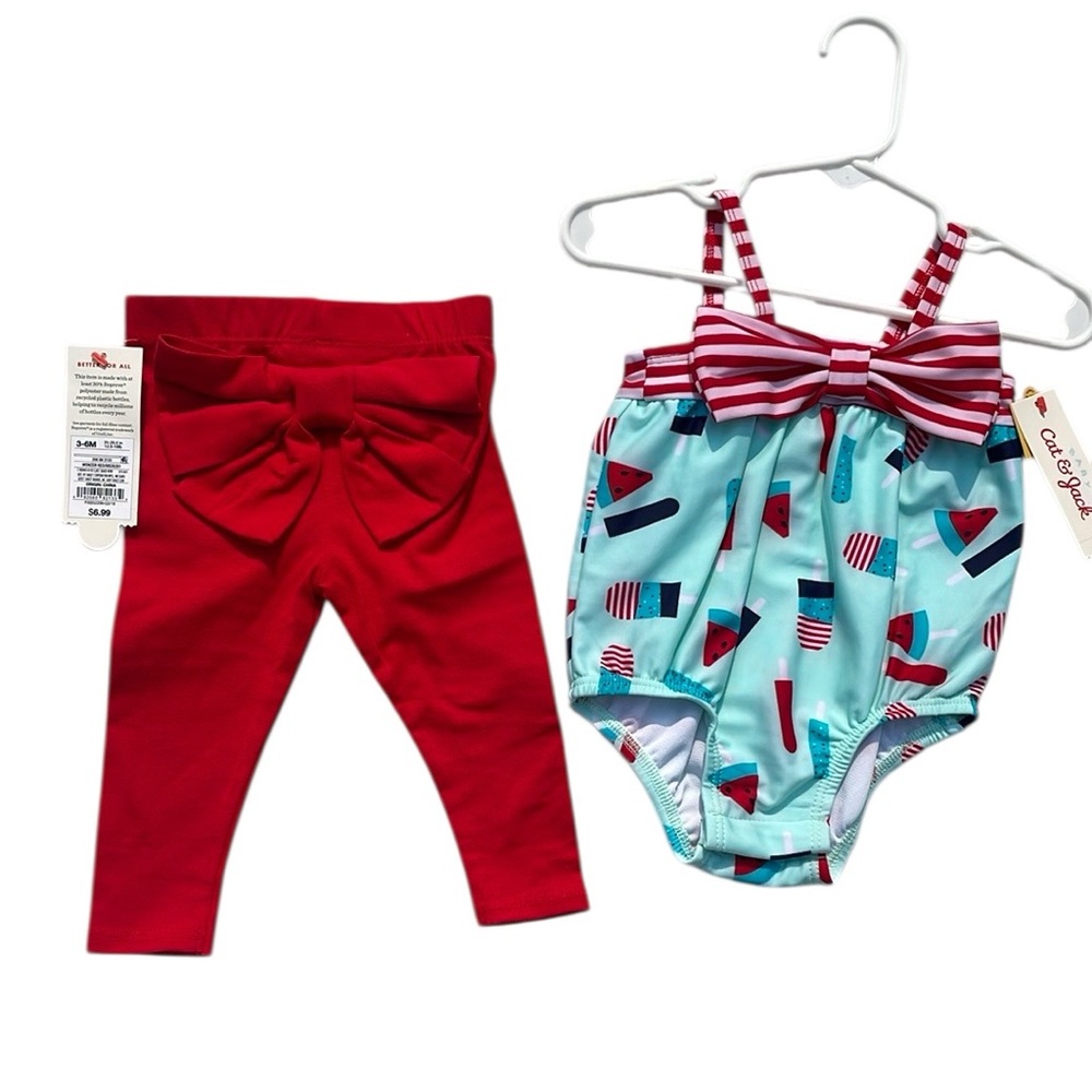 Cat & Jack Baby Swim / Bathing Suit Red Striped Popsicles Pants Bow 3-6 Month